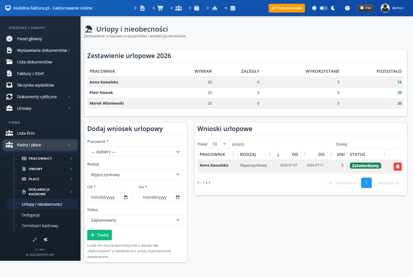 Urlopy, delegacje i terminarz kadrowy (MAX)