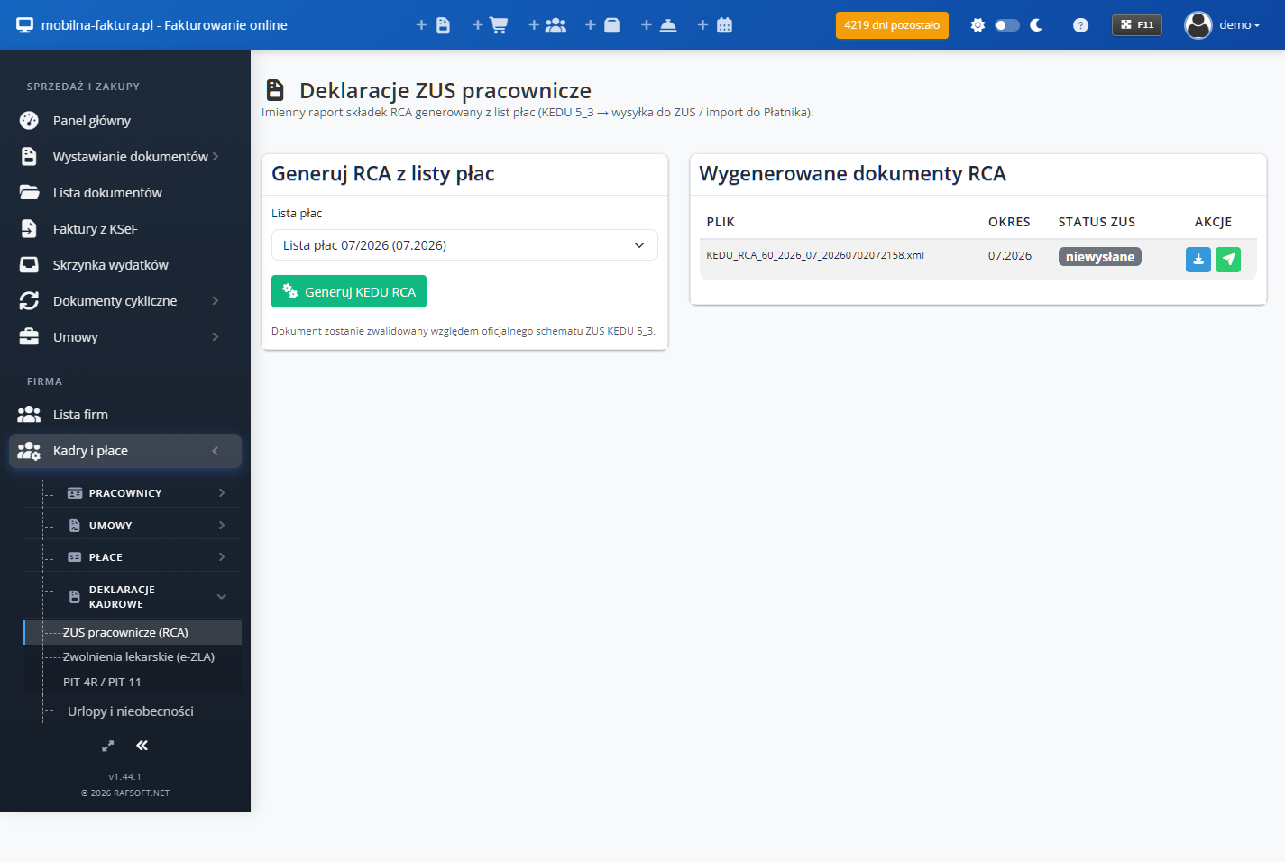 Deklaracje ZUS pracownicze — RCA, KEDU (MAX)