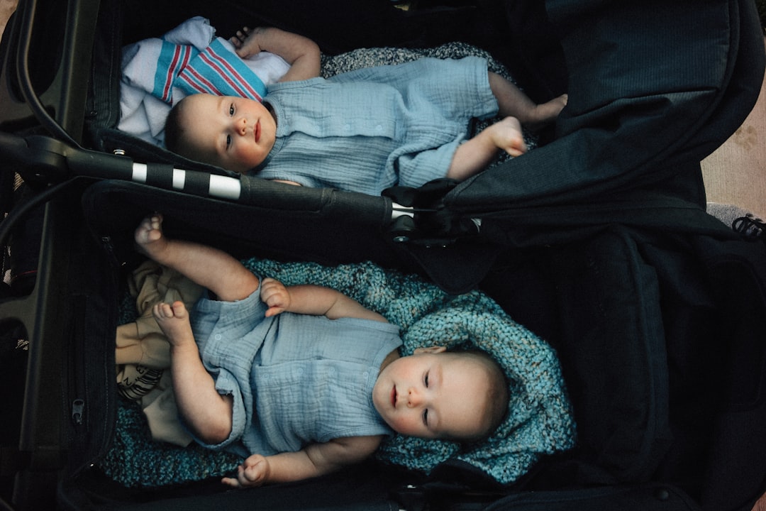 Two babies are relaxing comfortably in a stroller.