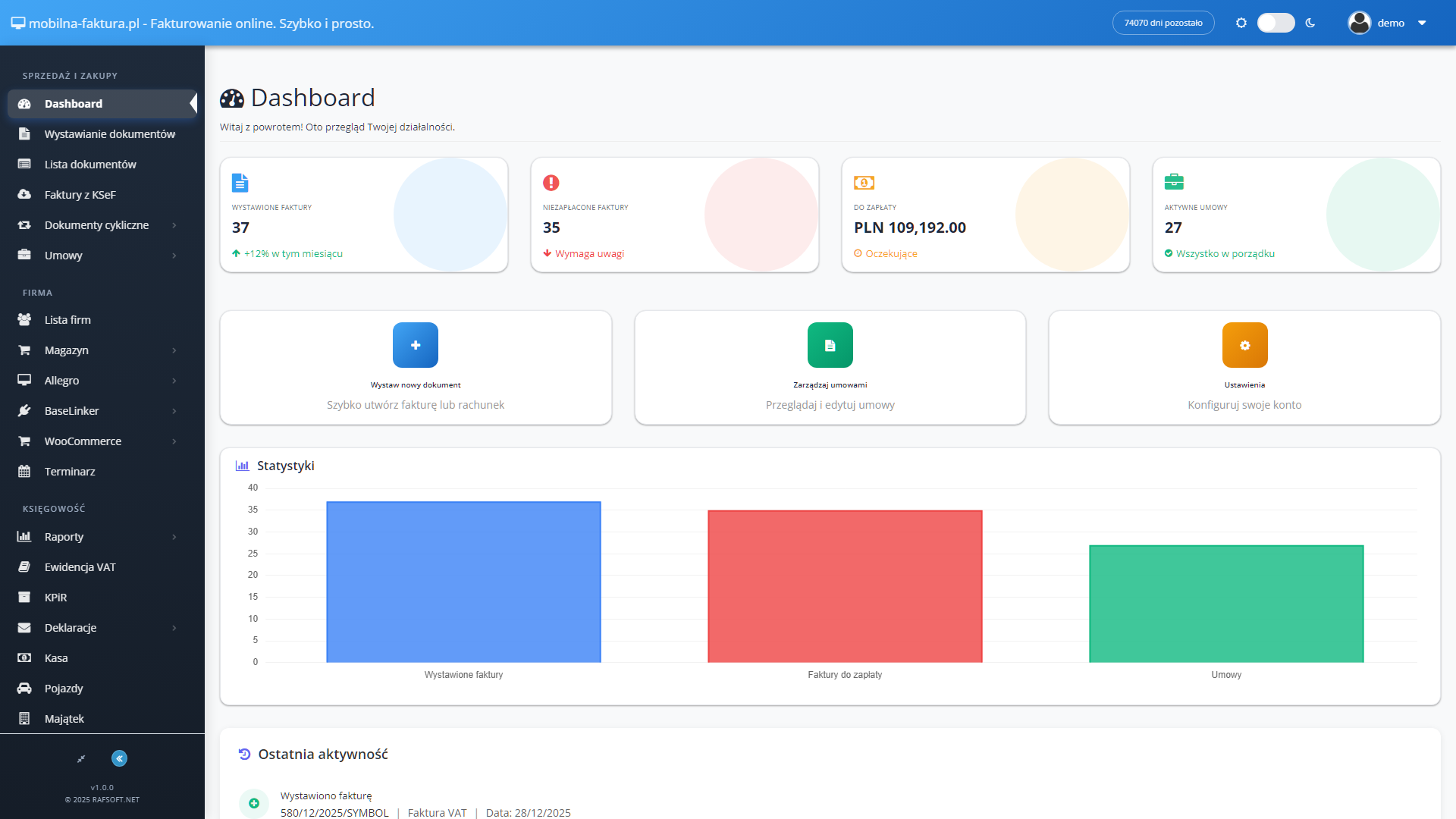Dashboard - Główny pulpit aplikacji