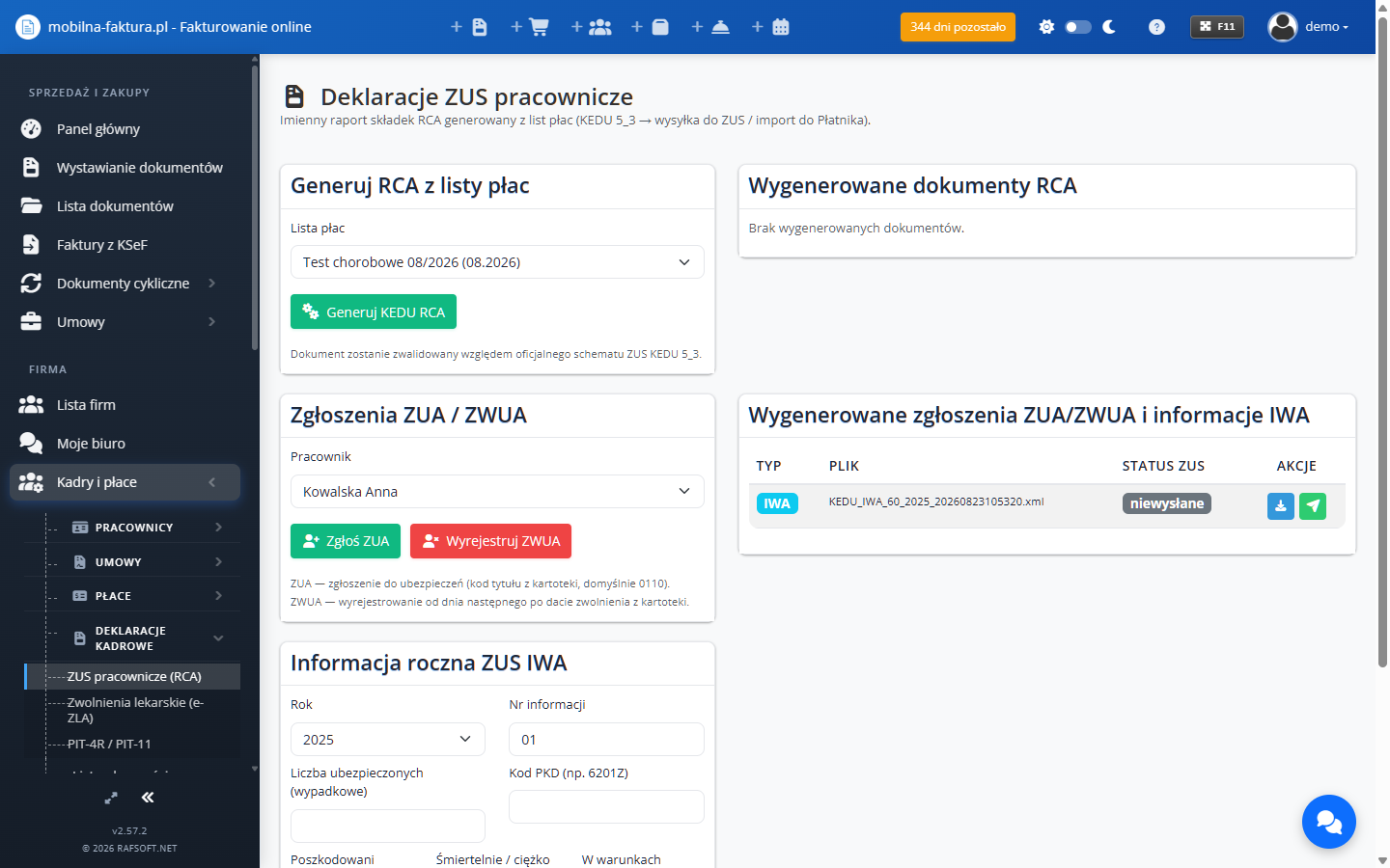 Ekran ZUS — zgłoszenia ZUA/ZWUA i informacja IWA