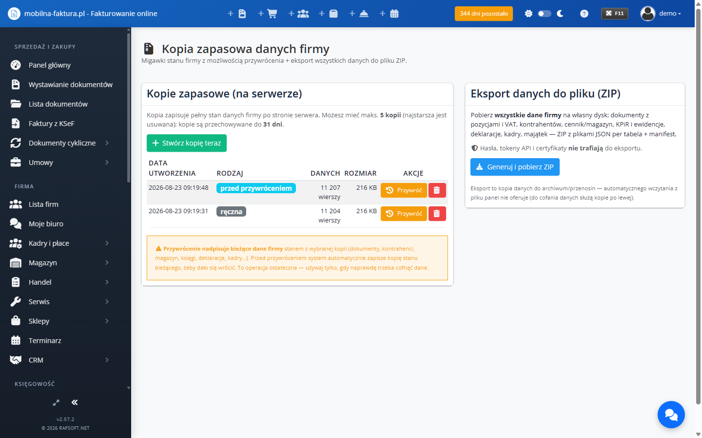 Kopie zapasowe — migawki i eksport ZIP
